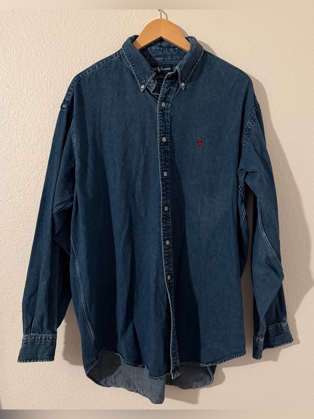 Vtg 90s Ralph Lauren Blaire Denim Blue Button Down Shirt Size XL Red Pony